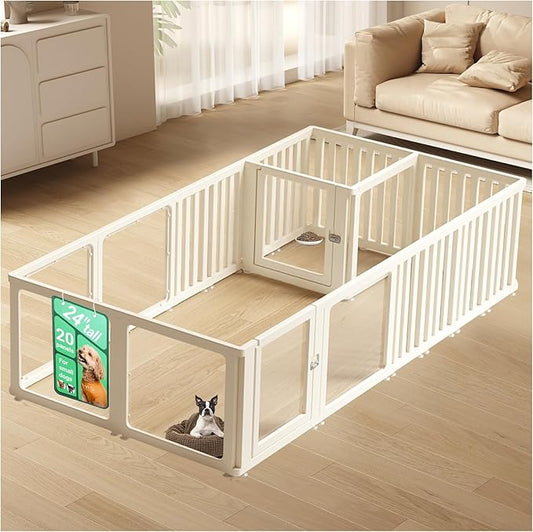 Transparent 20-Panel Dog Playpen, Acrylic Indoor/Outdoor Puppy Pen for Small & Medium Dogs, 24 Inch with Door, White(Ventilated Design 97 * 50 Two Rooms,24 inch)