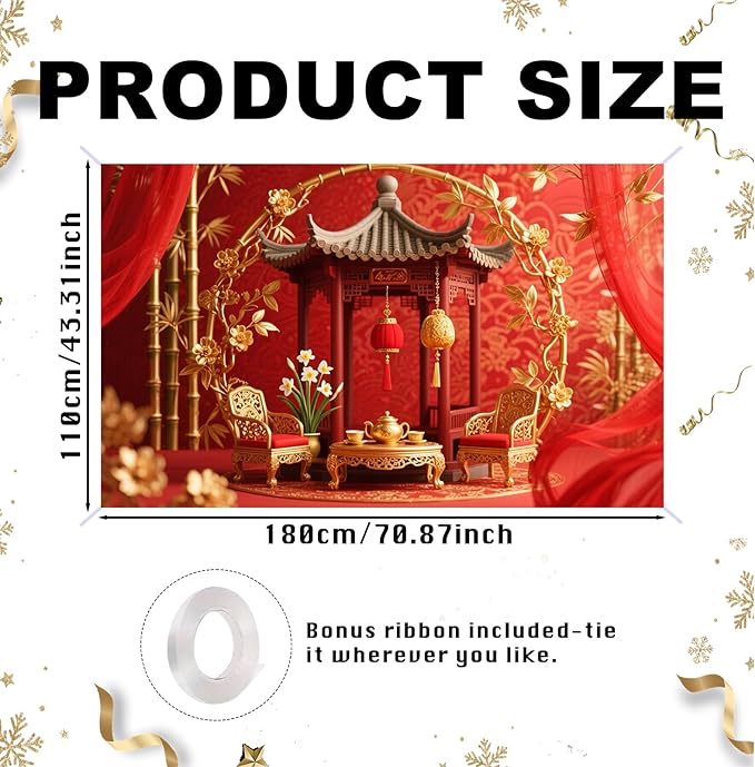 Nuxovilar Happy New Year Banner, Chinese Palace Red Gold Backdrop for Holiday Party Decorations, 71x43 Inch