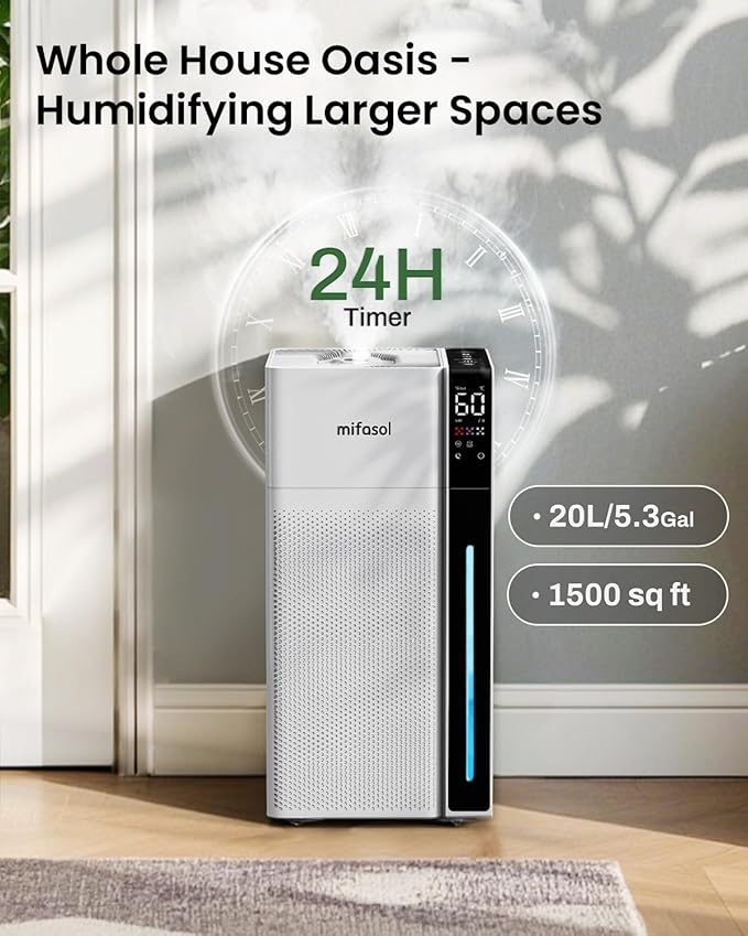 Mifasol Humidifier Large Room, 5.3Gal/20L Warm and Cool Mist Humidifiers for Home 1500 sq ft, Double Nozzles Whole House Humidifier, Humidifiers for Bedroom Plants Office Commercial Large Areas, White