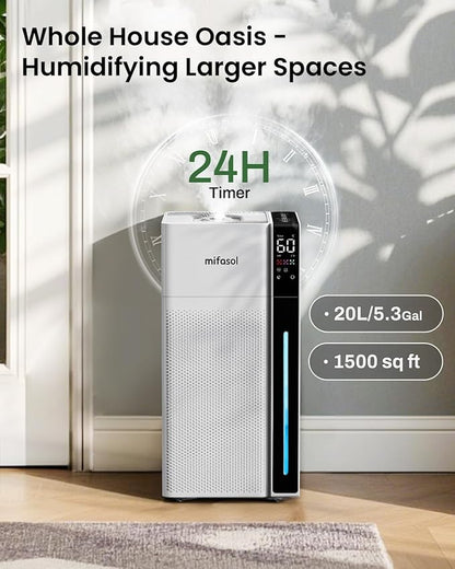 Mifasol Humidifier Large Room, 5.3Gal/20L Warm and Cool Mist Humidifiers for Home 1500 sq ft, Double Nozzles Whole House Humidifier, Humidifiers for Bedroom Plants Office Commercial Large Areas, White