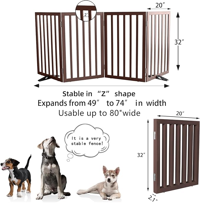 Dog Gate Indoor, Freestanding Dog Fence for The House, Doorways, Hallways,or Stairs,Pet Gate Foldable Wooden,Expandable 32" Height 4 Panels,Brown