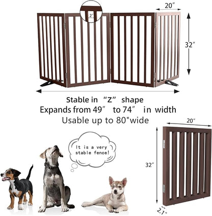 Dog Gate Indoor, Freestanding Dog Fence for The House, Doorways, Hallways,or Stairs,Pet Gate Foldable Wooden,Expandable 32" Height 4 Panels,Brown