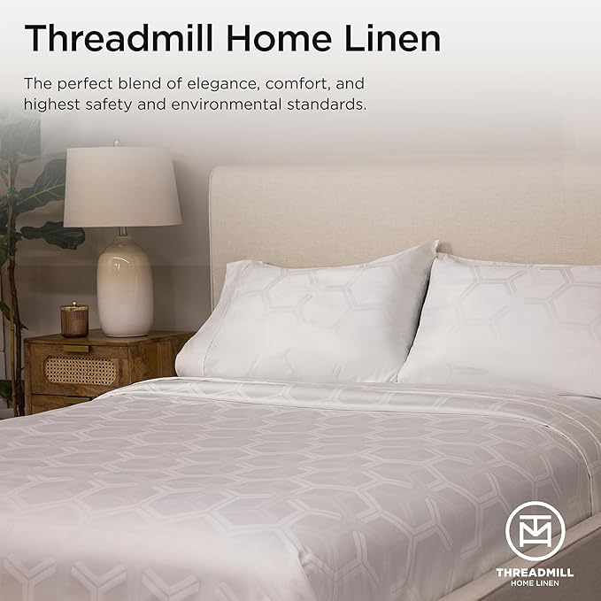 Threadmill 100% Cotton Sheets for Queen Size Bed - 600 Thread Count Queen Bed Sheets Set with 16” Deep Pocket - Jacquard Sateen Weave 4-Piece Bedding Set with Cooling Effect, White