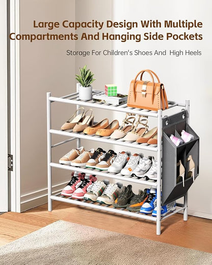 Bamboo Shoe Rack for Closet Small Wooden Shoe Organizer with Pouch, Sturdy Wood Shoe Shelf for Front Door Entrance Entryway and Outdoor, 26 inch Wide (White, 4-Tier)