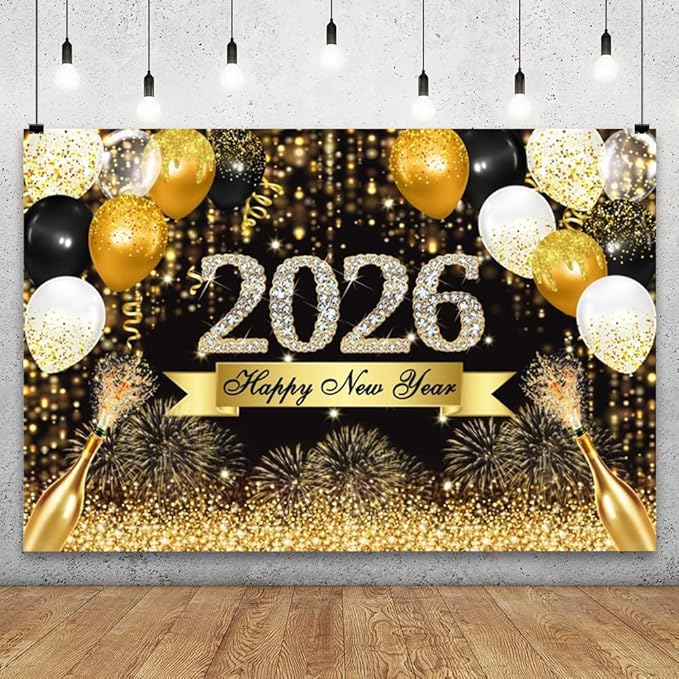 YongFoto 2026 Happy New Year Backdrop 10x8ft Gold Balloons Champagne Fireworks Photography Background Christmas Festival Carnival Family Party Banquet Decor Banner Photoshoot Wallpaper Photo Booth