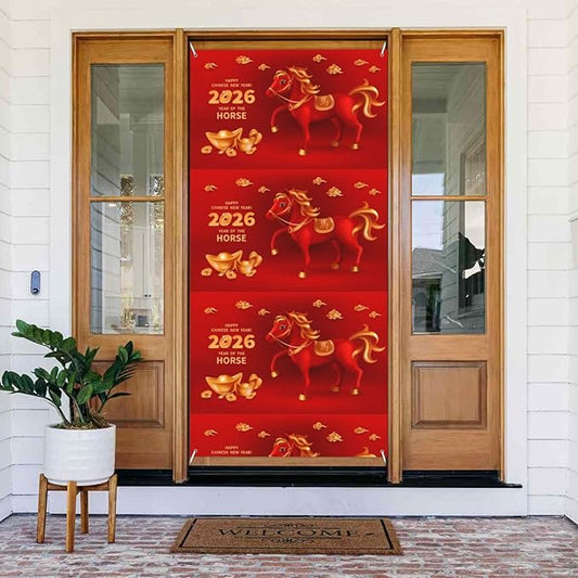 Year Of The Horse Happy Chinese New Year 2026 Door Cover Decorations Banner Flag Welcome Hanging Backdrop Sign Party Background Decor Holiday Supplies 35 * 72 Inches