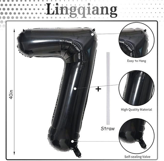 40 Inch Balloon Number 7 Black, Large Foil Number Balloons Set 0-9, Digital 7 Helium Balloons for Girls Boys Men Women 7th 17th 70th Birthday Anniversary Graduation New Year's Eve Party Decoration