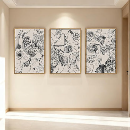 BINCUE Framed Food Wood Wall Art Set of Three Modern Cheers Kitchen Wall Decor Abstract Friends Party Art Print for Kitchen Dining Room Living Room 16x24 Inch