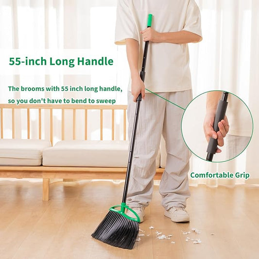 2 Pack Heavy Duty Brooms, 55" Long Handle Indoor Outdoor Angle Broom Set, Household Commercial Floor Cleaning, for Sweeping Home, Kitchen, Deck, Garage, Patio - Green