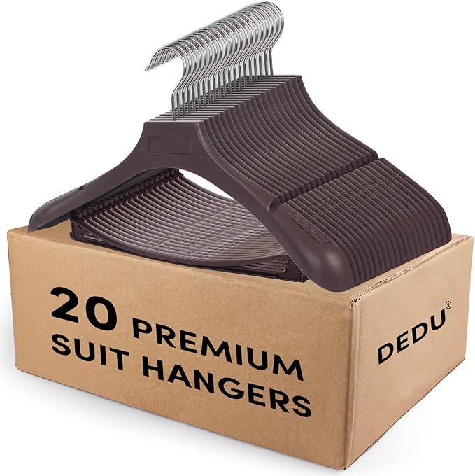DEDU Suit Hangers for Men 20 Pack, Brown Coat Hangers Extra Wide Non Slip Width 17.7", Thick Plastic with Pants Bar & Metal Hook