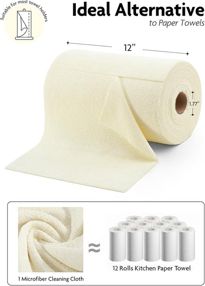Fantasticlean Microfiber Cleaning Cloth Roll -75 Pack, Tear Away Microfiber Towels, 12" x 12", Reusable, Washable, Scratch Free, Ultra Absorbent Dishcloth for All-Around Cleaning Supplies (Beige)
