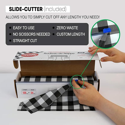 Neatiffy Disposable Plastic Table Cloth Roll | 54 in x 108 Ft Waterproof Tablecloth | Table Cover for Rectangle, Square, Round Oval Tables | Picnic, Party, Banquet, Birthdays, Weddings, BlackCheckered