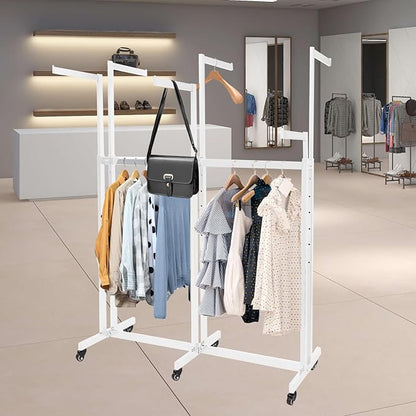 Metal Clothing Rack, 6 Arms Clothes Display Racks with Wheels, Adjustable Floor Standing Garment Rack From 46.85" to 64", Portable Retail Display Stand for Boutique Stores (White, 6 Arm/45.66in)