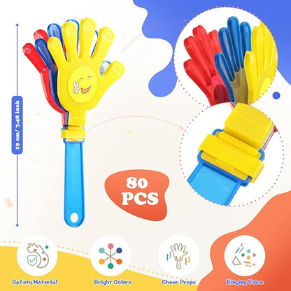 Sratte 80 Pcs Hand Clappers Plastic Noise Makers Party Favors Game Accessories Clapping Hands Noisemakers for Sporting Events Company Fiesta Party Birthday Gift Supplies (7.5 Inch, Sticker Style)
