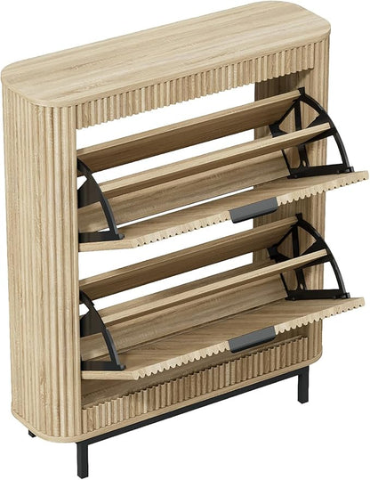 Shoe Cabinet with 2 Flip Drawers, Arc Narrow Wood Shoe Storage Cabinet with Fluted Panel and Metal Legs, Freestanding Wood Hidden Shoe Rack Cabinet for Foyer, Hallway, Nature