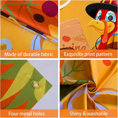 Thanksgiving Backdrop, 84" x 60" Orange Polyester Thanksgiving Banner with Pumpkin, Maple Leaf & Turkey Design, Great for Photo Booth, Wall Decor, Party Supplies