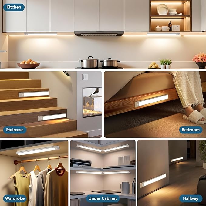Ascher 15.2inch Under Cabinet Lights, 3000mAh Rechargeable Motion Sensor Light indoor, 3 Color Temperatures & Stepless Dimmable Closet Lights, Magnetic Under Counter Light for Kitchen, Silver - 2 Pack