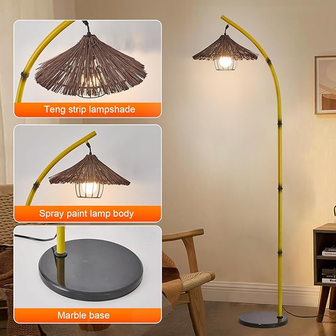 beaysyty Bamboo Floor lamp Mid Century Rattan Retro Floor lamp Bohemian,Arc Floor Lamps for Living Room Tall Reading Lamps Antique Rattan Style for Bedroom Dining Room Farmhouse Study (Yellow)