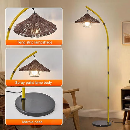 beaysyty Bamboo Floor lamp Mid Century Rattan Retro Floor lamp Bohemian,Arc Floor Lamps for Living Room Tall Reading Lamps Antique Rattan Style for Bedroom Dining Room Farmhouse Study (Yellow)