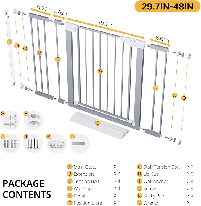 Cumbor 29.7-48" Baby Gate for Stairs, Mom's Choice Awards Winner-Dog Gates for Doorways, Auto Close Safety Pet Gate for Dogs Indoor, Easy Install Pressure Mounted Child Gate with Walk Thru Door, Gray