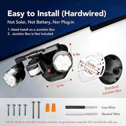 OREiN Motion Sensor Outdoor Lights, 3500LM 450° Adjustable Security Light Dimmable Dusk to Dawn Flood Lights Outdoor, 180° Motion Sensor Lights for Front Door, Garage, Stairs, Black (Hardwired)