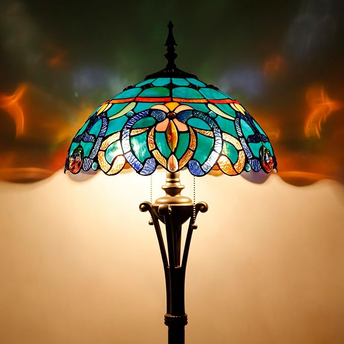 Tiffany Floor Lamp Blue Green Stained Glass Jewelry Baroque Standing Reading Light 16X16X70 Inches Antique Pole Corner Lamp Decor Bedroom Office Living Room