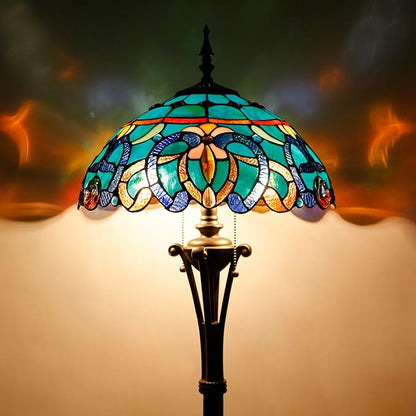 Tiffany Floor Lamp Blue Green Stained Glass Jewelry Baroque Standing Reading Light 16X16X70 Inches Antique Pole Corner Lamp Decor Bedroom Office Living Room