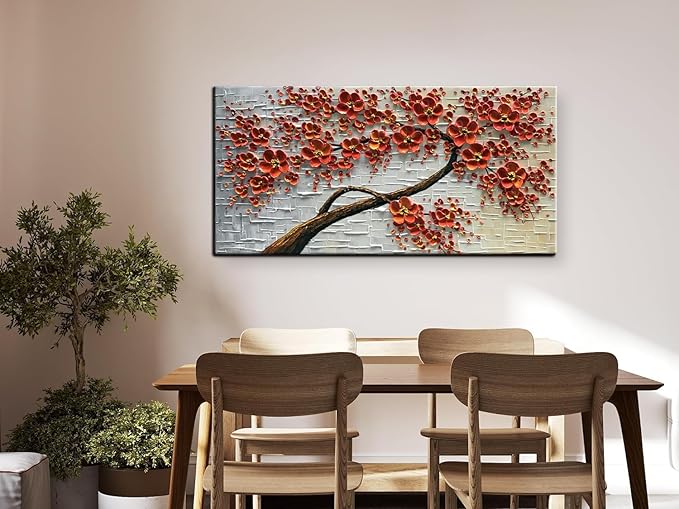 YaSheng Art -Large Size hand-painted Oil Painting On Canvas Texture Palette Knife Red Flowers Paintings Modern Home Decor Wall Art Painting Colorful 3D Flowers Tree Paintings Ready to hang 24x60inch
