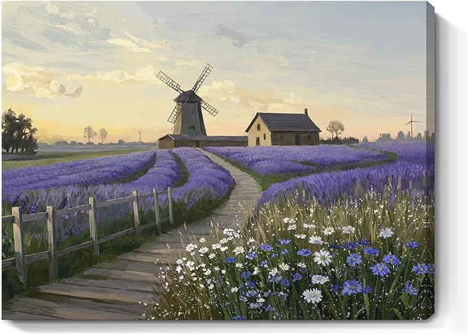 amatop Purple Canvas Wall Art for Bathroom Bedroom Farmhouse Lavender Floral Art Print Countryside Landscape Picture Daisy Flowers Small Nature Scenic Rustic Artwork Entryway Hallway 16x12 In