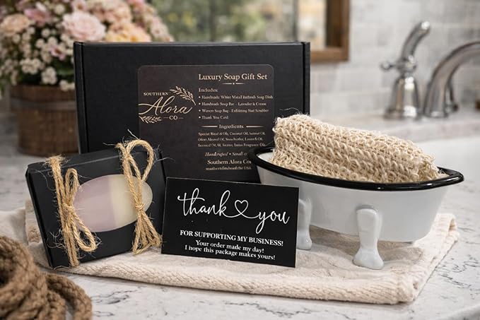 Lavender Bath Gift Set – Handmade Soap Bars with Soap Dish & Exfoliating Bag, Farmhouse Bathroom Decor