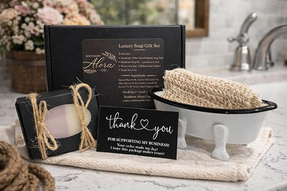 Lavender Bath Gift Set – Handmade Soap Bars with Soap Dish & Exfoliating Bag, Farmhouse Bathroom Decor