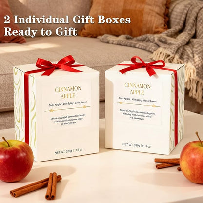 Holiday Candle Gift Set–2 Pack Wood Wick Cinnamon Apple Scented Candles,Long Lasting Natural Soy Wax Candles with Gift Boxes,Cozy Fall Aromatherapy Candle for Home Decor