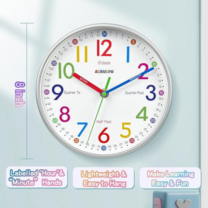 AIRUIFU Kids Wall Clock,Silent Non-Ticking Clocks Battery Operated,Kids Room Wall Decor for Bedrooms,Analog Clock for Bedroom,Living Room,Kitchen,Office,School Classroom (8 inch)