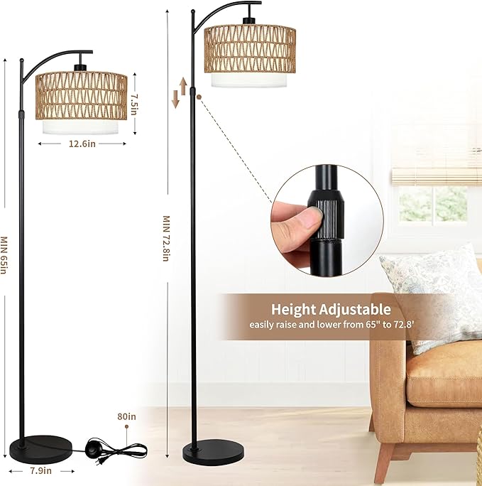 Arc Black Floor Lamp for Living Room with Remote,Dimmable LED Floor Lamp with 3 Color Temperature,Farmhouse Boho Standing Lamp with Rattan Wicker Shade,Adjustable Tall Lamp for Bedroom Office Corner