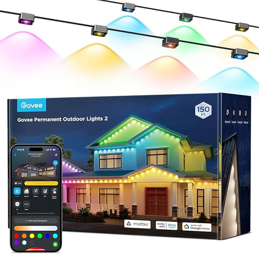 Govee Permanent Outdoor Lights 2, 150ft RGBIC Outdoor Lights with 108 LED Lights, IP67 Waterproof, 100 Scene Modes with 40lm White for Outdoor Decorations, Works with Alexa, Google Assistant, Black