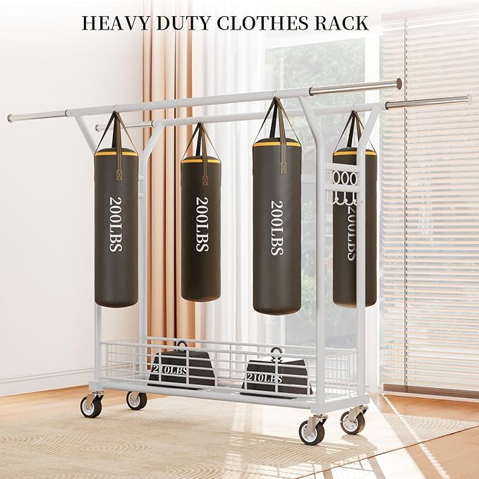 Heavy Duty Clothes Rack - Double Rod Clothing Racks with Wheels, Portable & Adjustable Garment Rack for Hanging Clothes, Rolling Clothes Rack Load 670LBS for Bedrooms, Laundry, Closet (White)