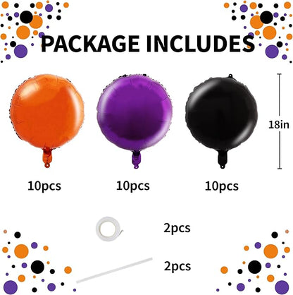 TONIFUL 30Pcs 18 Inch Black Orange Purple Round Shape Foil Balloons Big Circle Helium Mylar Ballons for Birthday Wedding Halloween Baby Shower Anniversary Engagement Party Decor Supplies