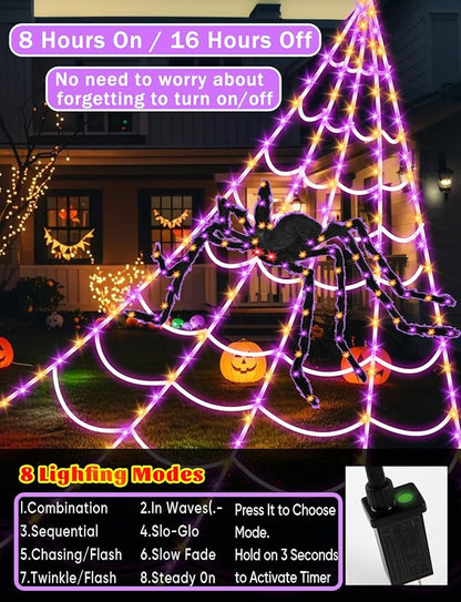 Giant Spider Webs Halloween Decorations - 250 LEDs Outdoor Halloween Decor Lights,16.4FT Net, 4Ft Light-up Spider, 8 Modes,Waterproof & Timer for Yard Porch Garden,Outside Costumes Party (with Spider)