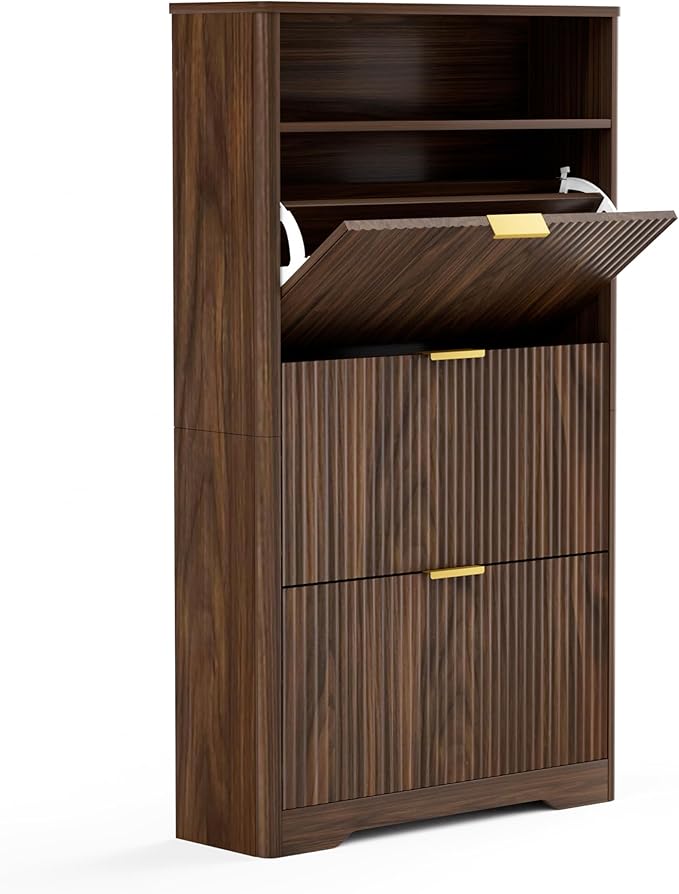 Rainbow Home Oregon Shoe Storage Cabinet, 31.6" W Narrow Fluted Design with 2 Flip Drawers, Walnut Freestanding Organizer for Entryway, Foyer, Hallway | Mid Century Modern (3 Flip Drawers)