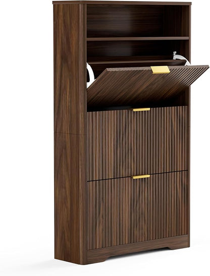 Rainbow Home Oregon Shoe Storage Cabinet, 31.6" W Narrow Fluted Design with 2 Flip Drawers, Walnut Freestanding Organizer for Entryway, Foyer, Hallway | Mid Century Modern (3 Flip Drawers)