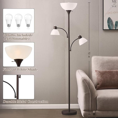 Luvkczc Floor Lamps for Living Room, 72" Tall Standing Lamp, Torchiere Lamp with 2 Reading Lamps, Industrial Bright Floor Lamp for Bedroom, Office, Dresser, Brown Lamps, 3 LED Bulbs Included