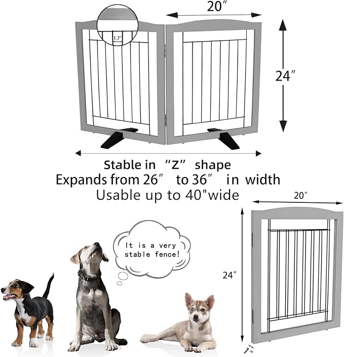 ZJSF Freestanding Dog Fence Indoor, Foldable Dog Gate for Doorways, Stairs or Hallways, Sturdy Wood Extra Wide Pet Gate with Support Feet for The House, Grey, 24 "Height-2 Panels