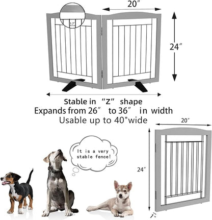 ZJSF Freestanding Dog Fence Indoor, Foldable Dog Gate for Doorways, Stairs or Hallways, Sturdy Wood Extra Wide Pet Gate with Support Feet for The House, Grey, 24 "Height-2 Panels