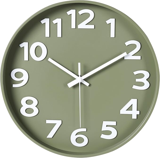 45MinST 12 Inch 3D Number Dial Face Modern Indoor Outdoor Clock, Silent Non-Ticking Round Home Decor Wall Clock with Arabic Numerals, Colorful Dial Face (Olive Green)