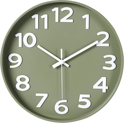 45MinST 12 Inch 3D Number Dial Face Modern Indoor Outdoor Clock, Silent Non-Ticking Round Home Decor Wall Clock with Arabic Numerals, Colorful Dial Face (Olive Green)