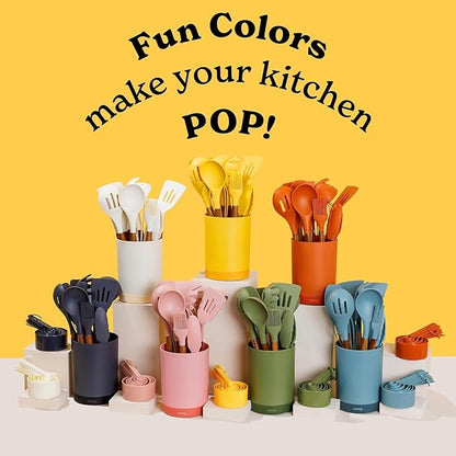 Silicone Kitchen Utensils Set & Holder: Cooking Utensils Set - Kitchen Essentials for New Home & 1st Apartment- Silicone Spatula Set, Cooking Spoons for Nonstick Cookware (Acacia Wood, Grey)