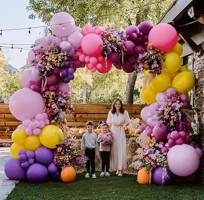 Pink Yellow Balloon Arch - Double Stuffed Hot Pink Purple Balloons Different Size Latex Magenta Balloon Garland for Happy Birthday Baby Shower Wedding Fall Mexican Party Decorations