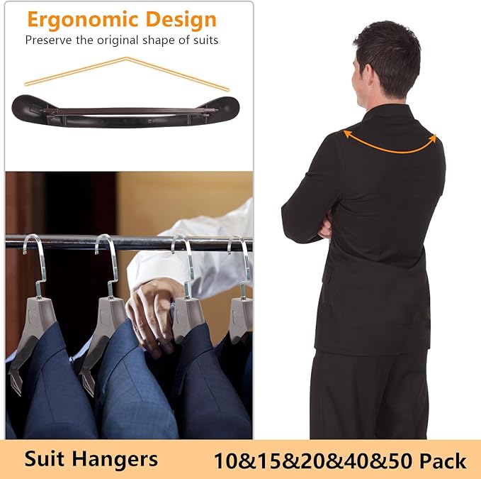 DEDU Suit Hangers for Men 10 Pack, Brown Coat Hangers Extra Wide Non Slip Width 17.7", Thick Plastic with Pants Bar & Metal Hook