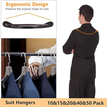 DEDU Suit Hangers for Men 10 Pack, Brown Coat Hangers Extra Wide Non Slip Width 17.7", Thick Plastic with Pants Bar & Metal Hook