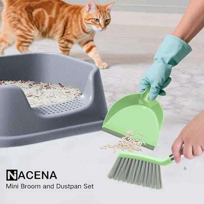 NACENA Mini Broom and Dustpan Set, Small Dust Pan and Brush Set with Handle Dustpan Teeth for Cleaning Hair Suitable for Office Desks Drawers Sofas Outdoor Camping, Light & Green
